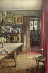Interiörvy av The Grange, North End Road, Fulham, hem till Edward Burne-Jones (1833-98) (wc på papper)